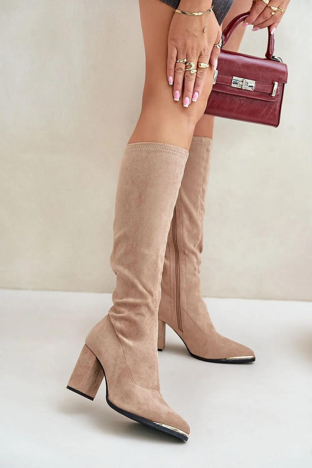 TEEK - Suede Knee High Toe Accent Heel Boots