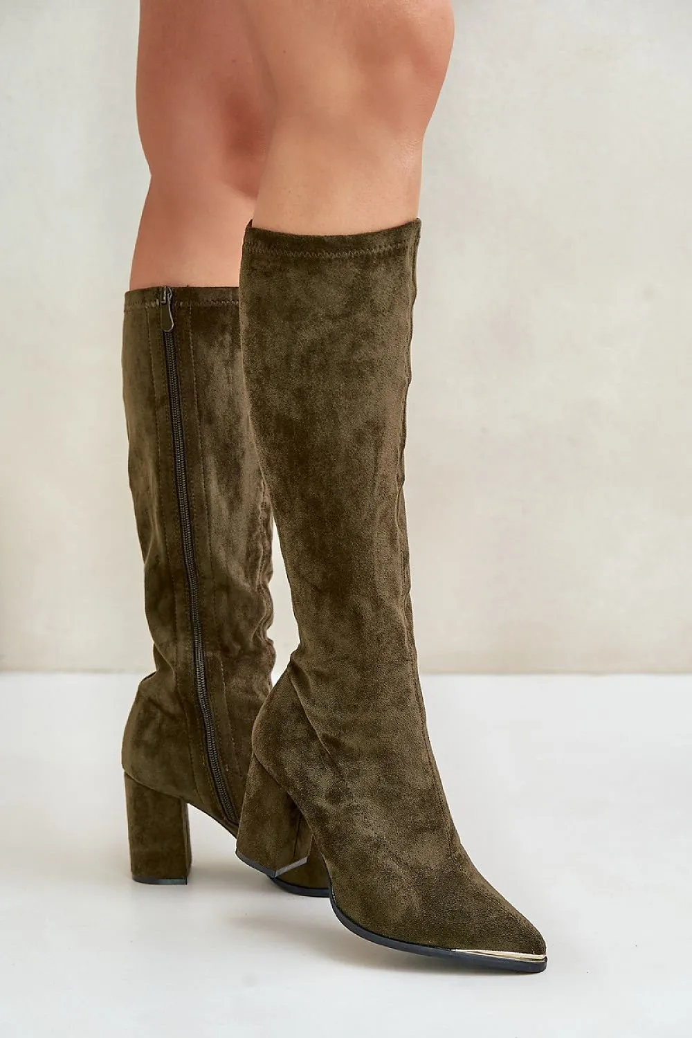 TEEK - Suede Knee High Toe Accent Heel Boots