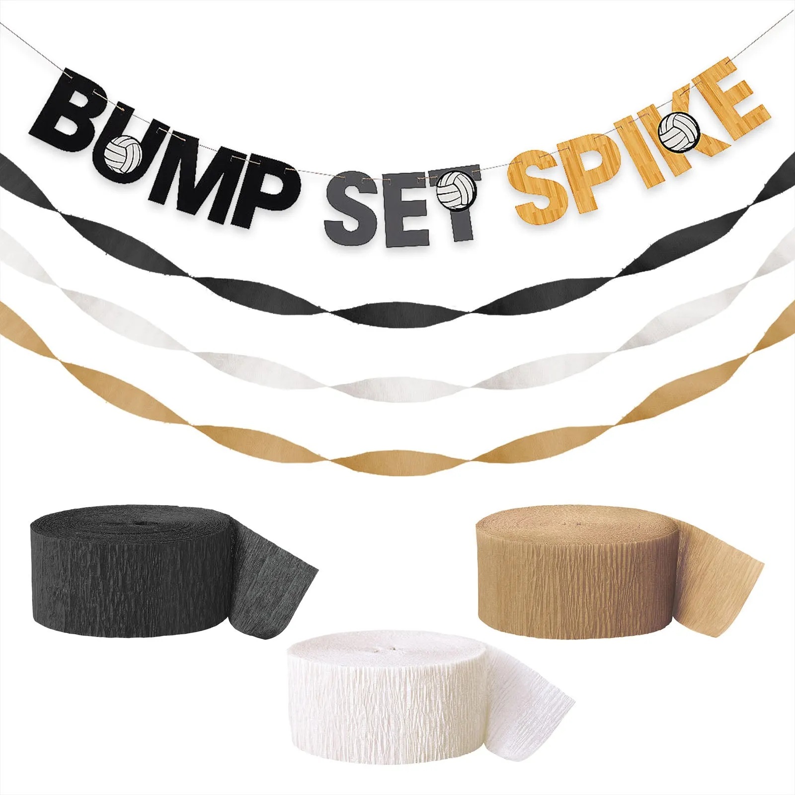 Volleyball Party Supplies - Bump Set Spike Banner Garland with Crepe Streamer Decorations