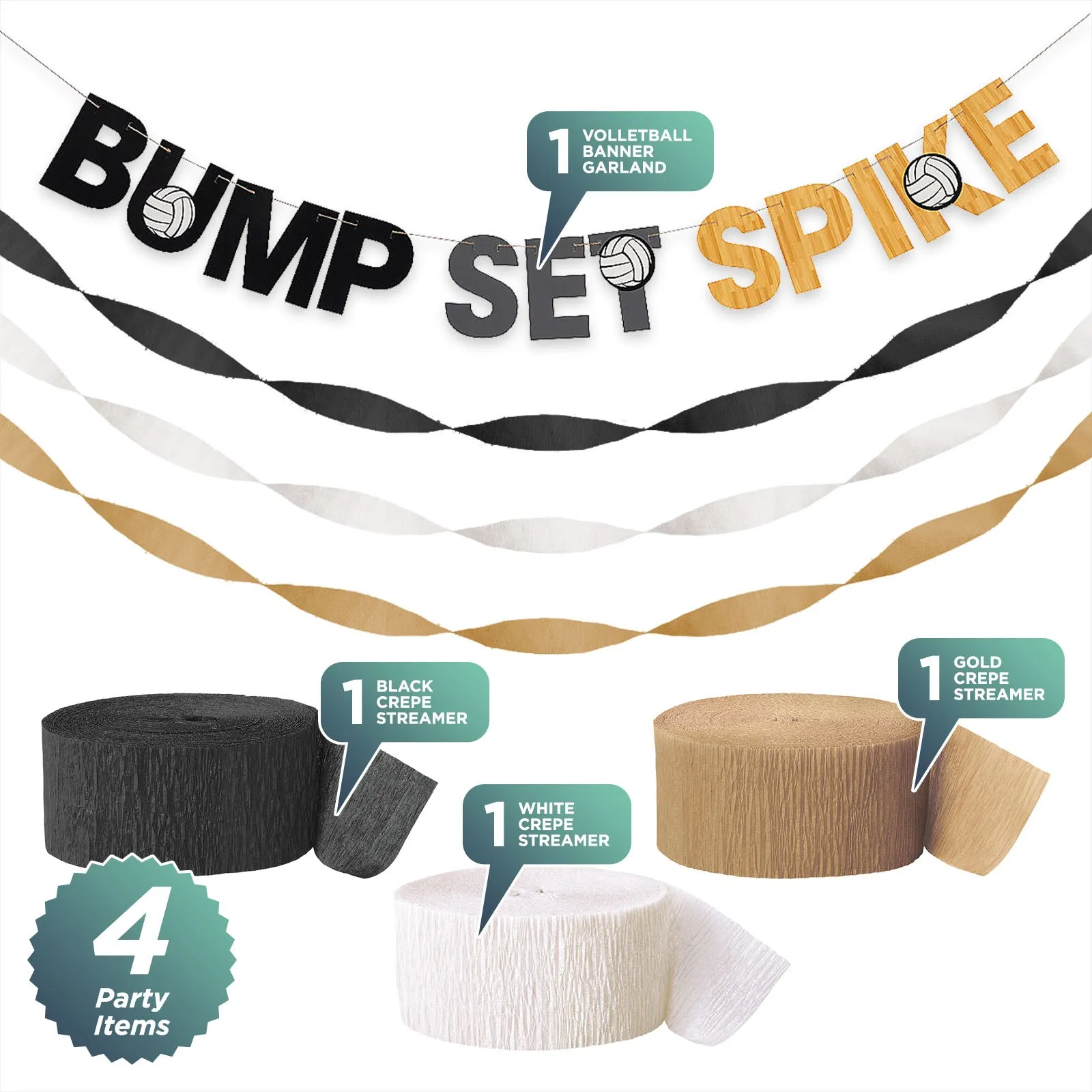 Volleyball Party Supplies - Bump Set Spike Banner Garland with Crepe Streamer Decorations