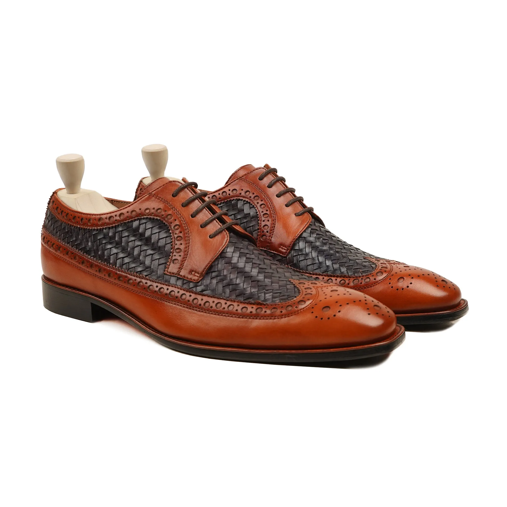 Waylon - Men's Tan Black Calf and Hand Woven Calf Leather Dery Shoe