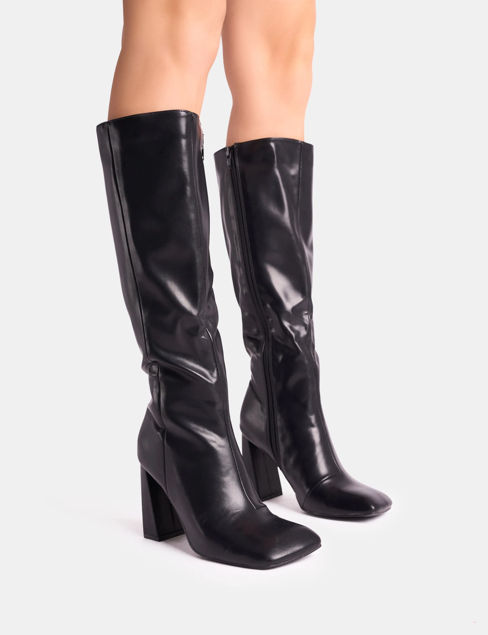 Zoya Black Slanted Toe Block Heel Knee High Sock Boots